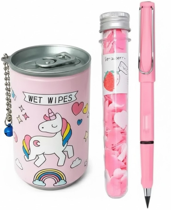 Eclet 3pc Unicorn stationery combo of wet wipes can,paper soap bottle,endless pencil(499 g)