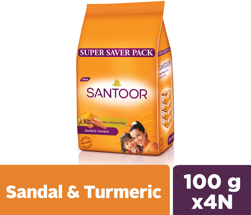 Santoor Skin Moisturizing Sandal & Turmeric Bathing Bar Soap For Soft & Youthful Skin(4 x 100 g)