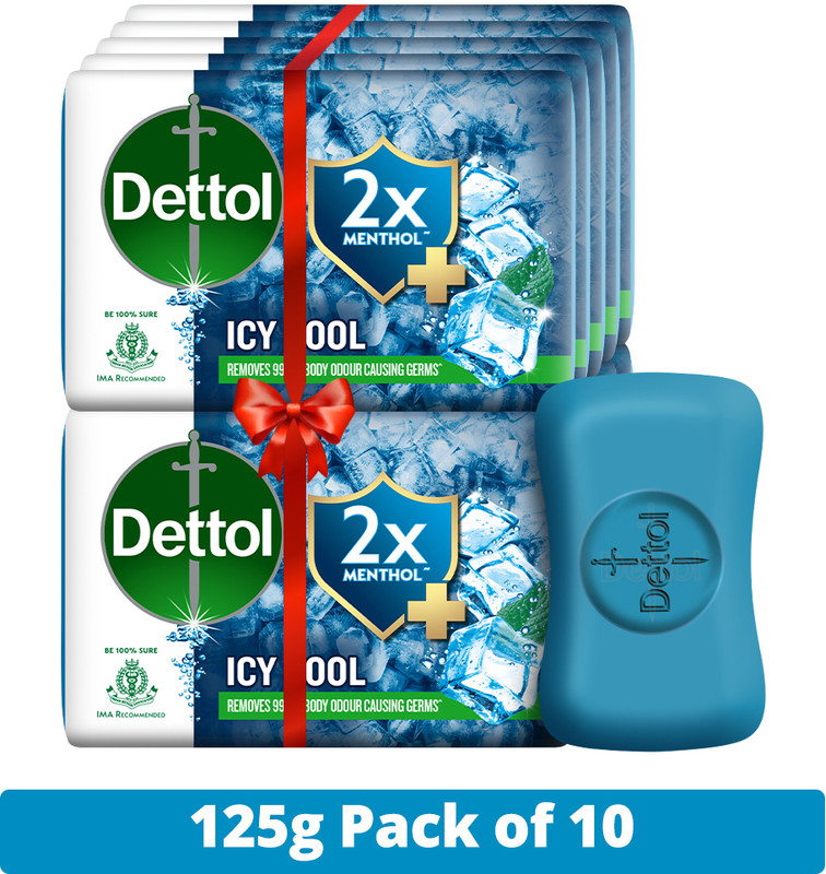 Dettol 3X Icy Cool Bathing Soap for Men & Women, Face, Body & Hands, Combo for Summer(10 x 125 g)