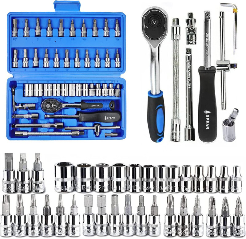 AEGON SPEAR SA46, 46Pcs 1/4" Combinational Chrome-Vanadium Ratchet Wrench Box Socket Set(Pack of 1)