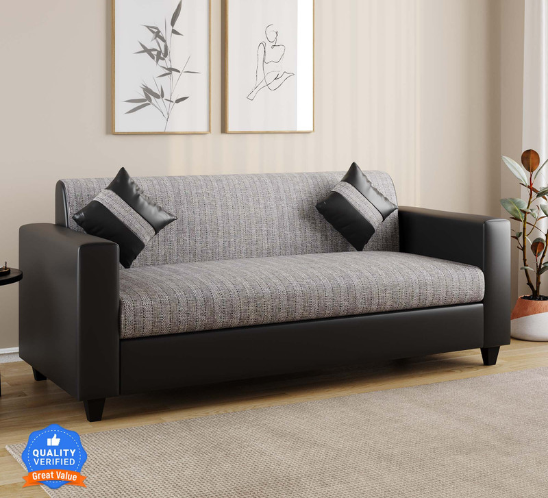 Flipkart Perfect Homes Crete Leatherette and Fabric 3 Seater Sofa(Finish Color - Dark Black & Grey, DIY(Do-It-Yourself))