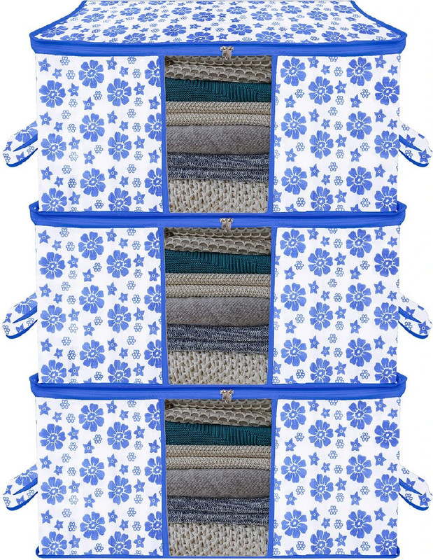 CHAMPARAN Non-Woven Transparent Floral Underbed Storage Bag|Large|Pack Cotton Laundry Bag(Blue)