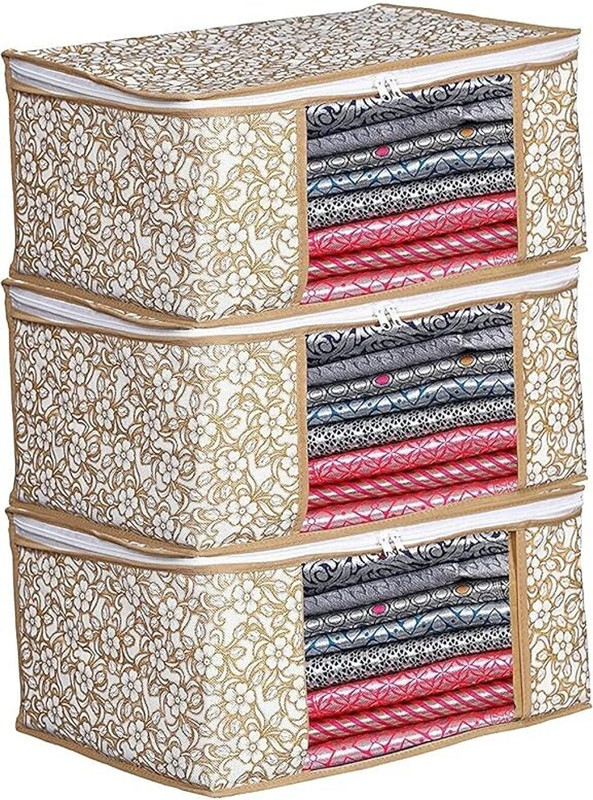 Viskri Set of 3 Non Woven Saree/clothes Cover Bag (Beige) Polyester Laundry Bag(Beige)