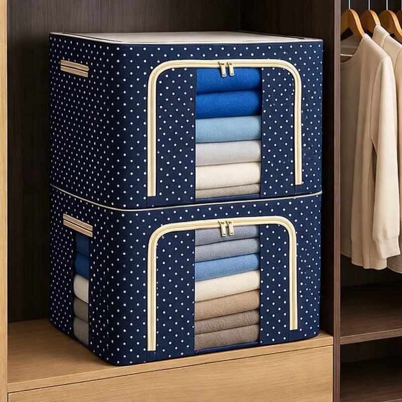 VRTREND Suit, Sarees, Dress, Shirt, Kids, Cloths, jackets, quilts, bedsheets Wardrobe Organizer,Storage Boxes for Clothes with Zip,Blue Dots -VR 12 66 LTR Foldable Steel Frame Cloths Zip Organizer Bag(Blue)