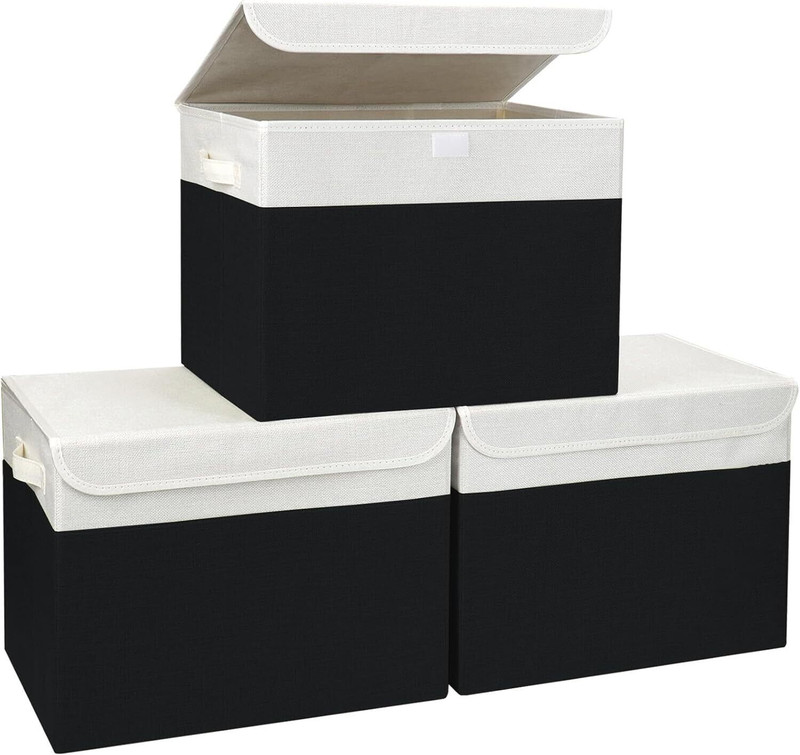 ZOVIRA Storage Boxes with Lids, Foldable Fabric Organizer Bins with Handles, Polyester Laundry Bag(Black White)