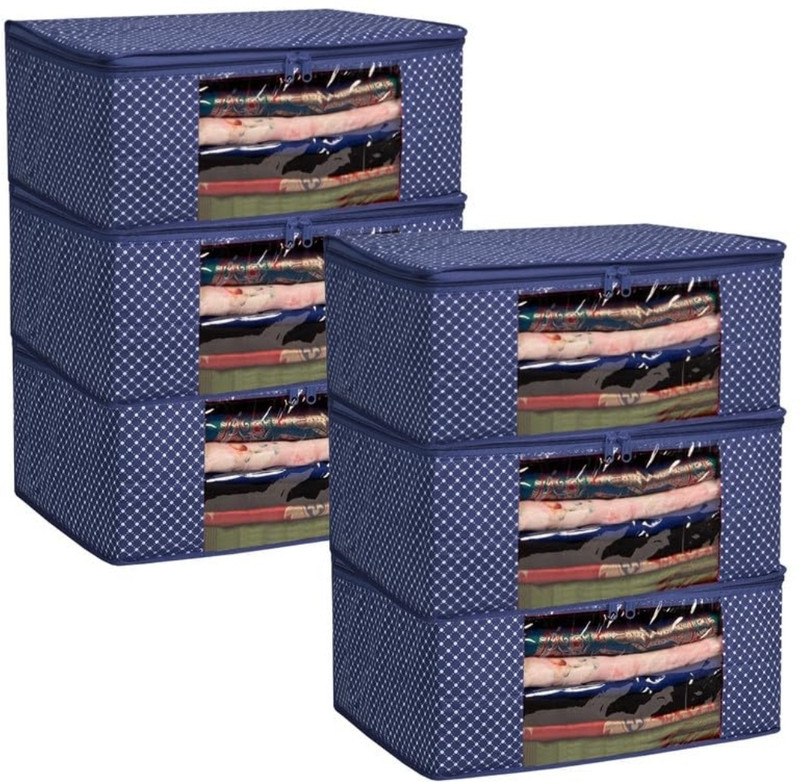 Love Store Set of 6 Cotton Quilted 3 Layered Foldable Saree Covers / Wardrobe Organizer Cotton Laundry Bag(Navy Blue)