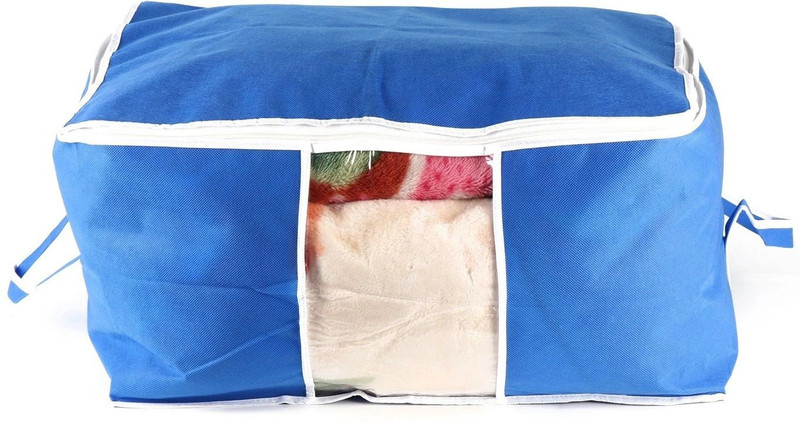 CHAMPARAN Designer Underbed Front Trasparent Storage Organizer Blanket Cover Bag Cotton Laundry Bag(Blue)