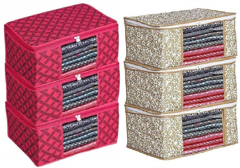 VM BOND Printed Non Woven Fabric Saree Cover/Clothes Organiser For Wardrobe Pack of 6 Cotton Laundry Bag(Red+Beige)