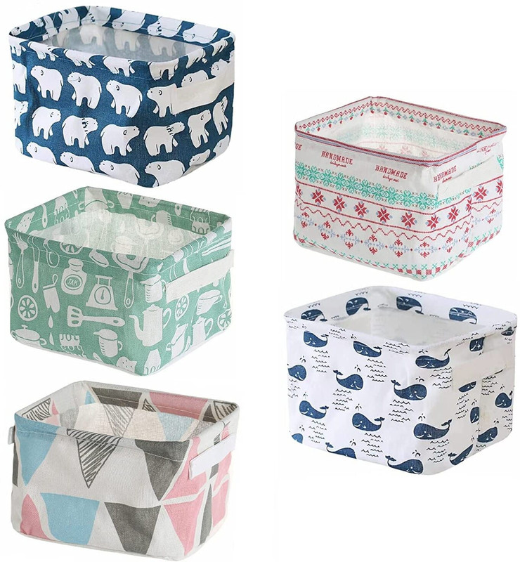 KVVTRADES Cotton Foldable Storage Basket -4 Small Collapsible Canvas Containers Storage Basket(Pack of 5)