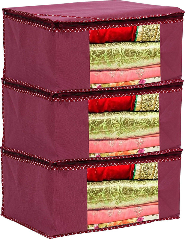 CHAMPARAN Saree Cover Maroon Solid Front Transparent Non-Woven Saree Cover Pack of 3 Cotton Laundry Bag(Maroon)