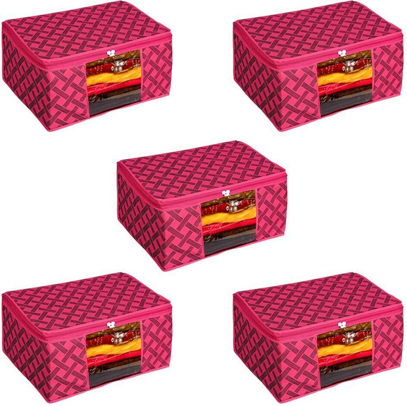 CHAMPARAN 5 pcs Non Woven Saree Cover Wardrobe Set Transparent Window, Extra Large (RED) Cotton Laundry Bag(Multicolor)