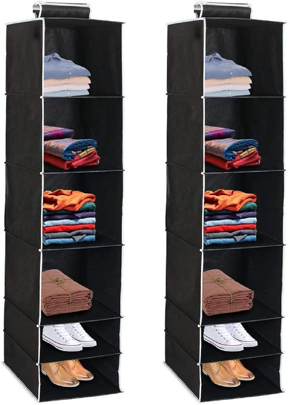 SH NASIMA MANUFACTURER Hanging 6 Shelves Foldable Wardrobe Closet Organizer Hanging Shelf Organizer Poly-canvas Laundry Bag(Black 2)