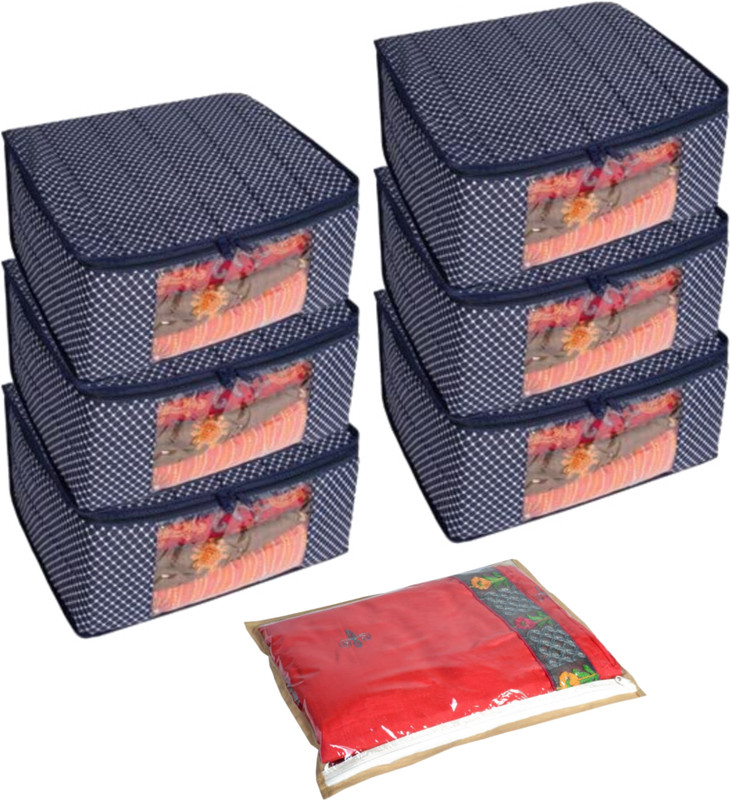 Hitanshicraft Cotton Quilted 3 Layered Foldable Saree Covers/Clothes Storage Bag Cotton Laundry Bag(Navy Blue)