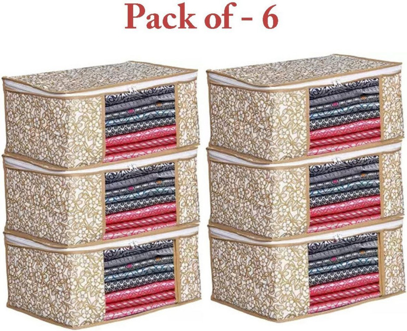 VM BOND Durable Saree Cover pack of 6 with Transparent window and Clear Design Cotton Laundry Bag(CHIKU)
