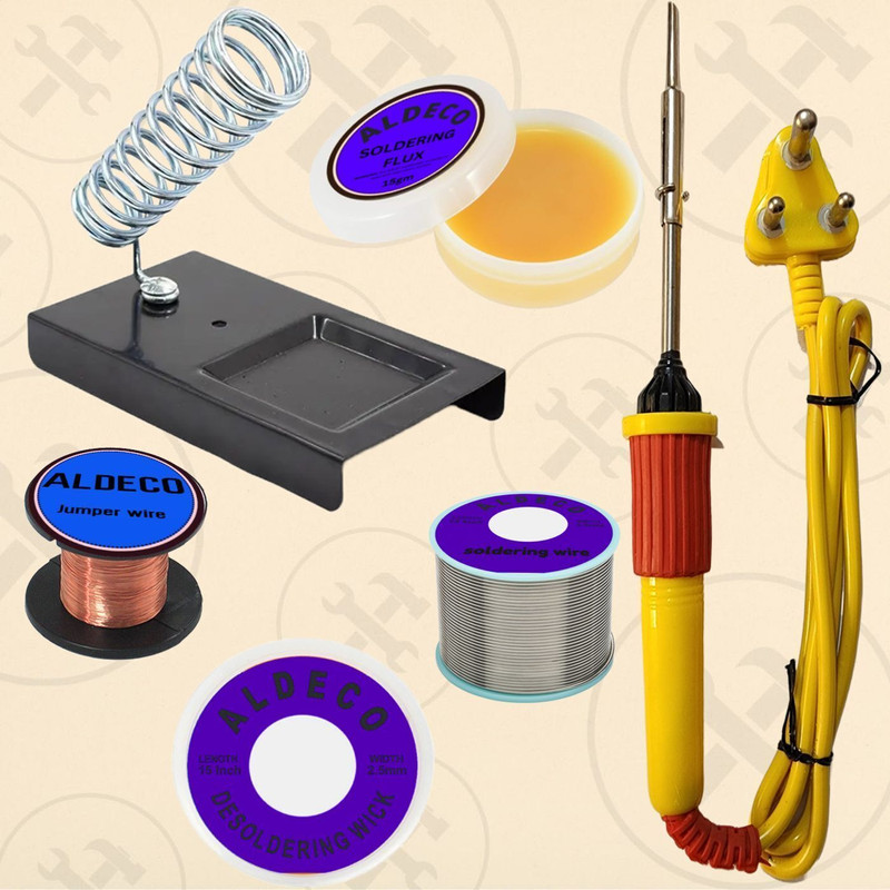 Aldeco Versatile 11 Items Soldering Iron Kit with 2 Clips Mobile Opener and More Tools 25 W Simple(Flat Tip)