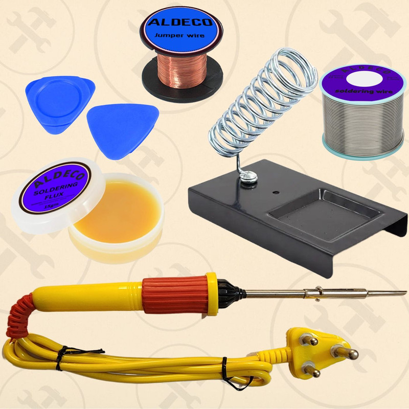 Aldeco Bundle of 7 Soldering Iron Kit with Jumping Wire and Other Helping Items 25 W Simple(Flat Tip)