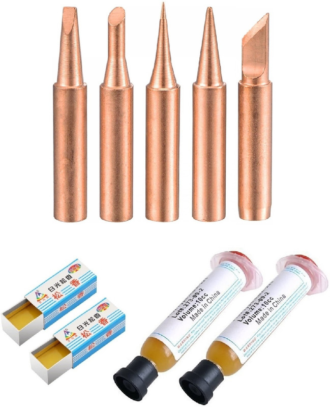 WOWSOME Set of 5 Pcs Pure Copper Soldering Iron Bit Set with 2 Pcs. No-Clean Soldering Flux RMA-223 10cc and 2 Pcs 5Gram Carton Rosin Paste Tip Suitable For Model 936, 937, 907 900M-T (K/3.2D/IS/3C/I) 0 W Simple(Round, Conical, Pointed Tip)