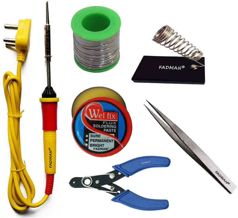 FADMAN BASIC COMPLETE KIT PART TYPE-7 SOLDERING IRON KIT | SOLDER WIRE | STAND | WIRE CUTTER | SOLDERING PASTE FLUX | TWEEZER | DESOLDERING WICK | SOLDERING IRON 25 W Simple(Flat Tip)