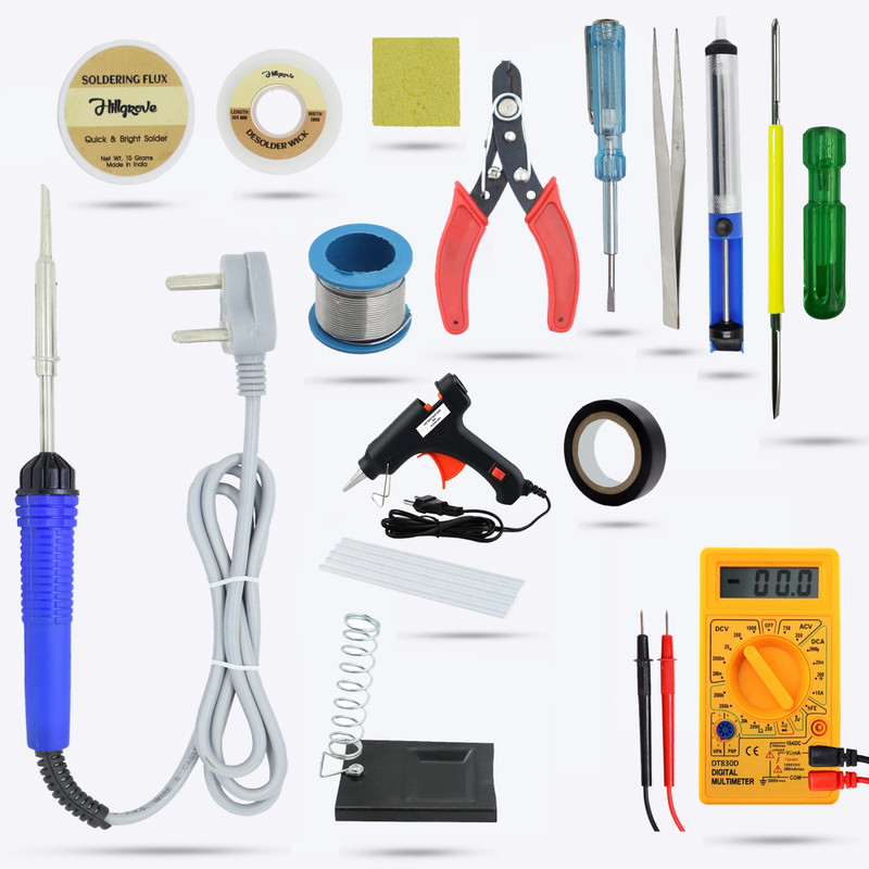 Hillgrove Basic Complete 15in1 Soldering Iron Machine Combo Bundle Tool Kit Set 25 W Simple(Flat, Pointed Tip)