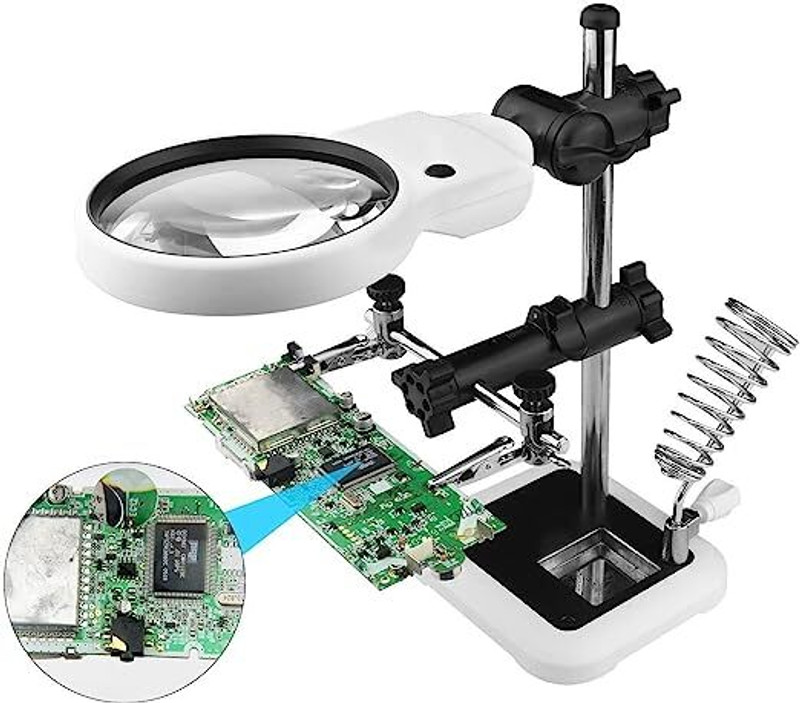 Bellveen Auxiliary Clip Loupe Magnifier PCB Soldering Iron Kit Dual Mode 3 LED Lamp 2 W Temperature Controlled(Round Tip)