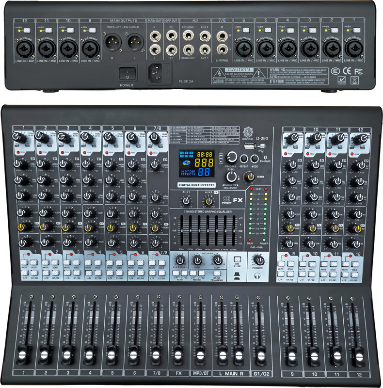 Digimore D-290 12CH Mixer w BT, USB, 48V, Mute & Effects for Stage, Live Gigs & Roadshows Analog Sound Mixer