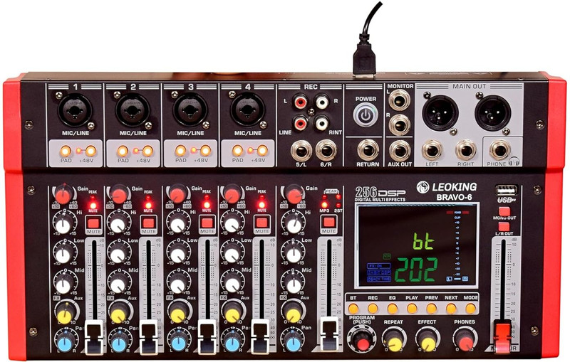 Adiohub 6 Channel DJ Bluetooth Audio Mini Mixer with Effects, USB Interface, BT, Stereo Powered Sound Mixer