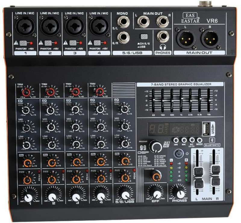 Adiohub 6 Channel Professional Audio Mixer Console with Bluetooth USB Interface 48V Ph Powered Sound Mixer