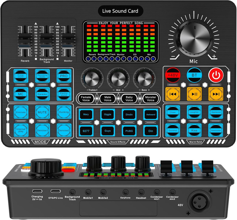 Xclamor 48V Phantom Power Sound Card Audio Interface with BT, Voice FX & Dual Mic Digital Sound Mixer