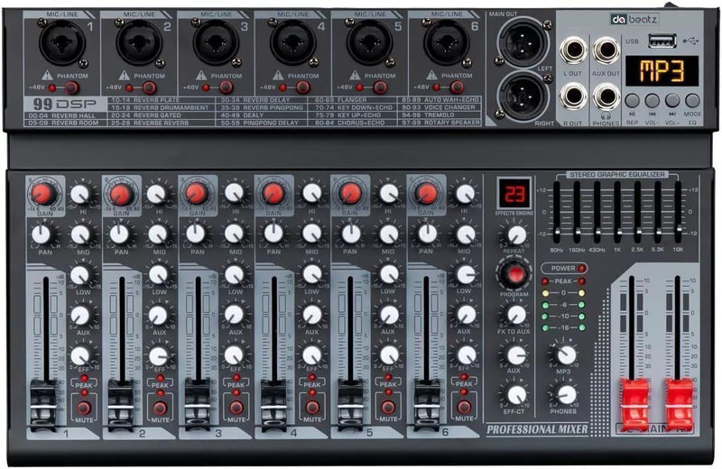 Da.Beatz. MX06 6-Channel Audio Mixer | Bluetooth, USB, 99 DSP Effects, 7-Band EQ, Phantom Digital Sound Mixer