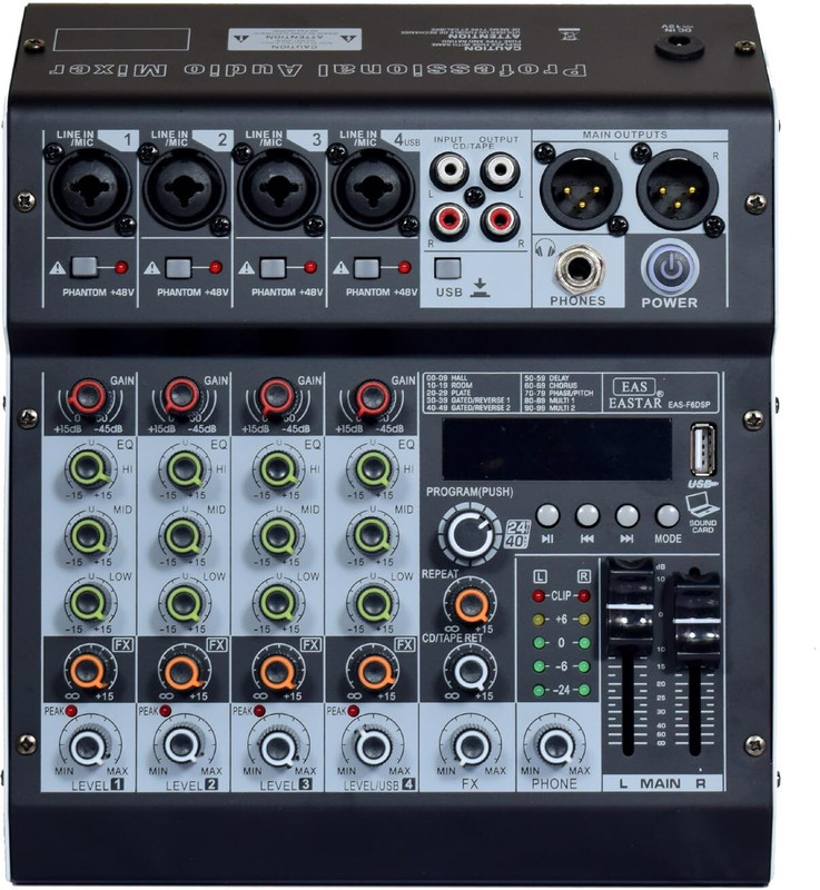 Adiohub Audio Mixer 6 Channel for Stage Live Studio Stereo Recording DJ Stage Powered Sound Mixer