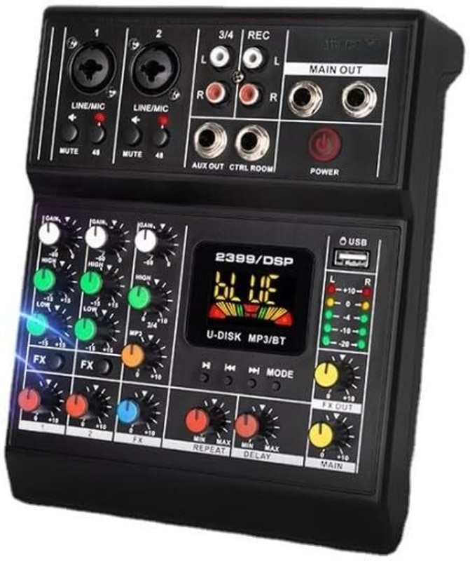 Adiohub Digital Audio Mixer 4 Channel – Mini DJ Controller USB/BT – Portable Audio Powered Sound Mixer
