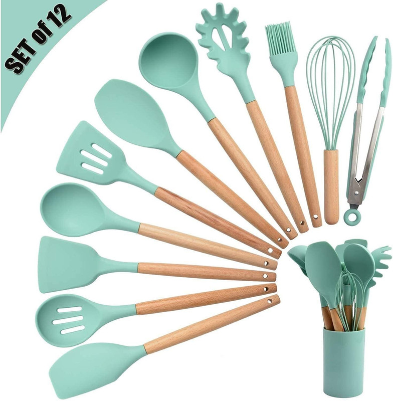 Sakoraware Silicone Pack of 12 Utensils Cooking Set | Kitchen Accessories with Holder Kitchen Tool Set(Green, Spatula, Brush, Whisk, Cooking Spoon, Baking Tools, Ladle, Tong)