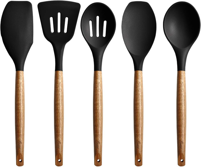 ZEQON Black Color Utensils Set Non-Stick Silicone Cooking Set with Wood Handles Non-Stick Spatula(Pack of 5)