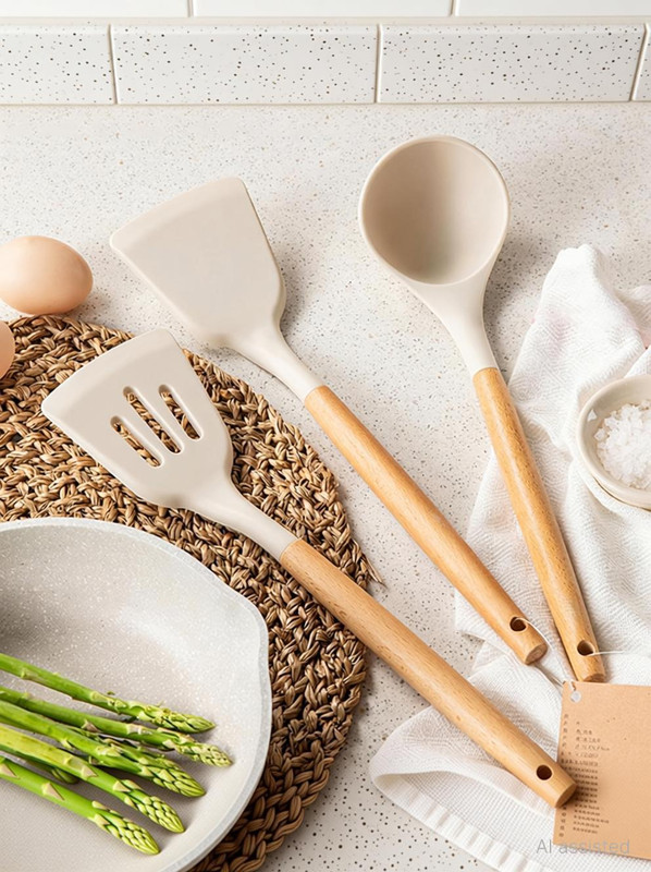 KitchenCrafter 3 -Pcs Silicone Spatula Cooking Set with Wooden Handles for Non-Stick Cookware Non-Stick Spatula(Pack of 3)