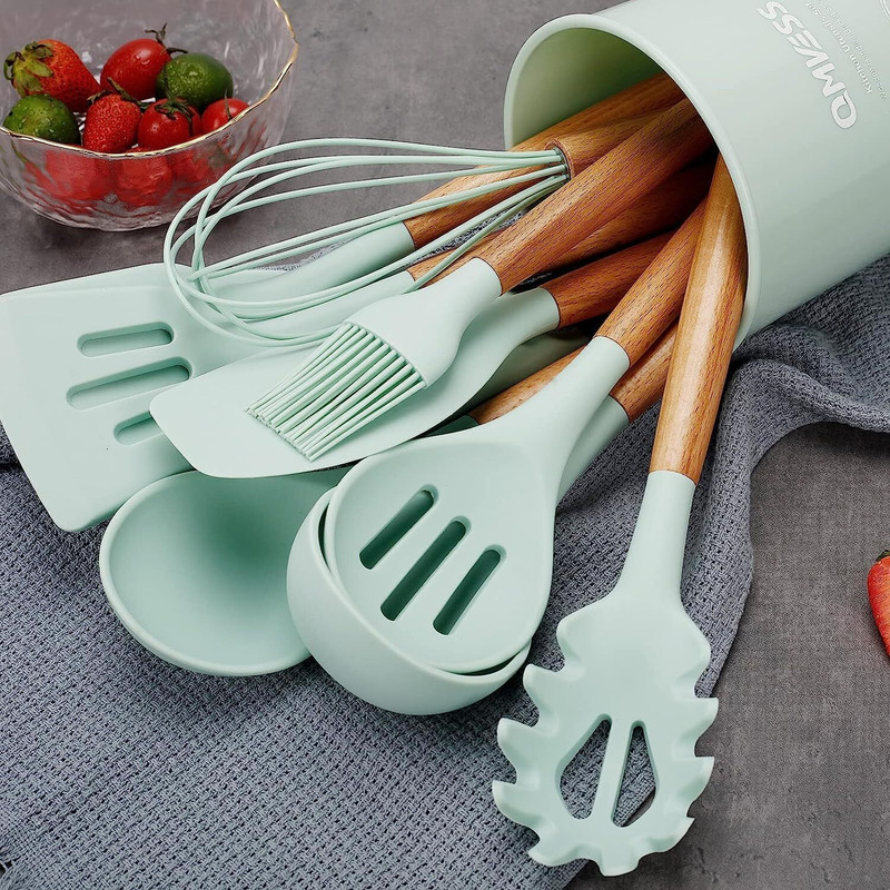 ZEQON Green Color Cooking Set with Wooden Handle Spatulas, Cutting Board, Knife Set Non-Stick Spatula(Pack of 19)