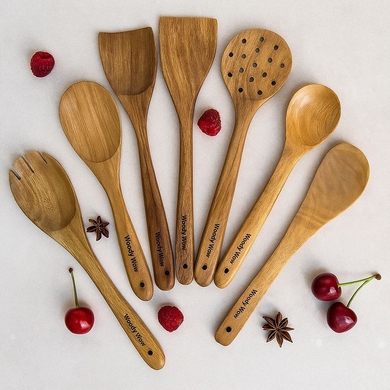 WOODYWOW Neem Wood Kitchen Utensil Set | Wooden Cooking & Serving Spoons for Daily Use Wooden Spatula(Pack of 7)