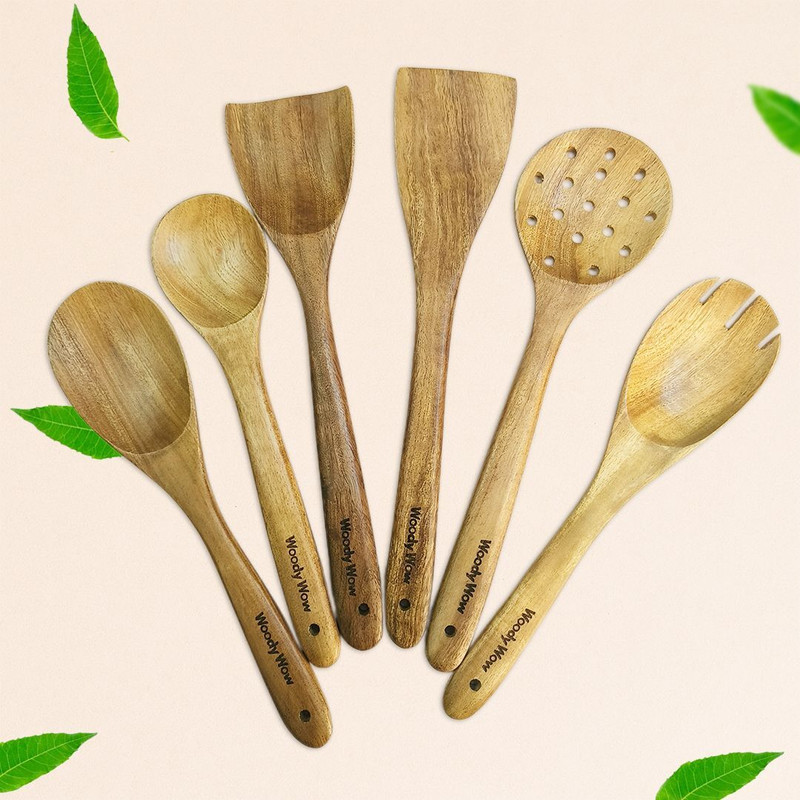 WOODYWOW Regular Neem Wood Cooking Utensil Set | Wooden Spoons & Spatula | Eco-Friendly Wooden Spatula(Pack of 6)