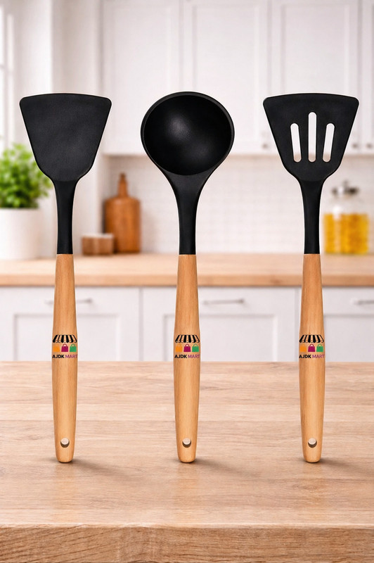 AJDK MART Premium Silicone Kitchen Utensil Set with Wooden Handle 3pcs Nonstick Cooking Mixing Spatula(Pack of 3)