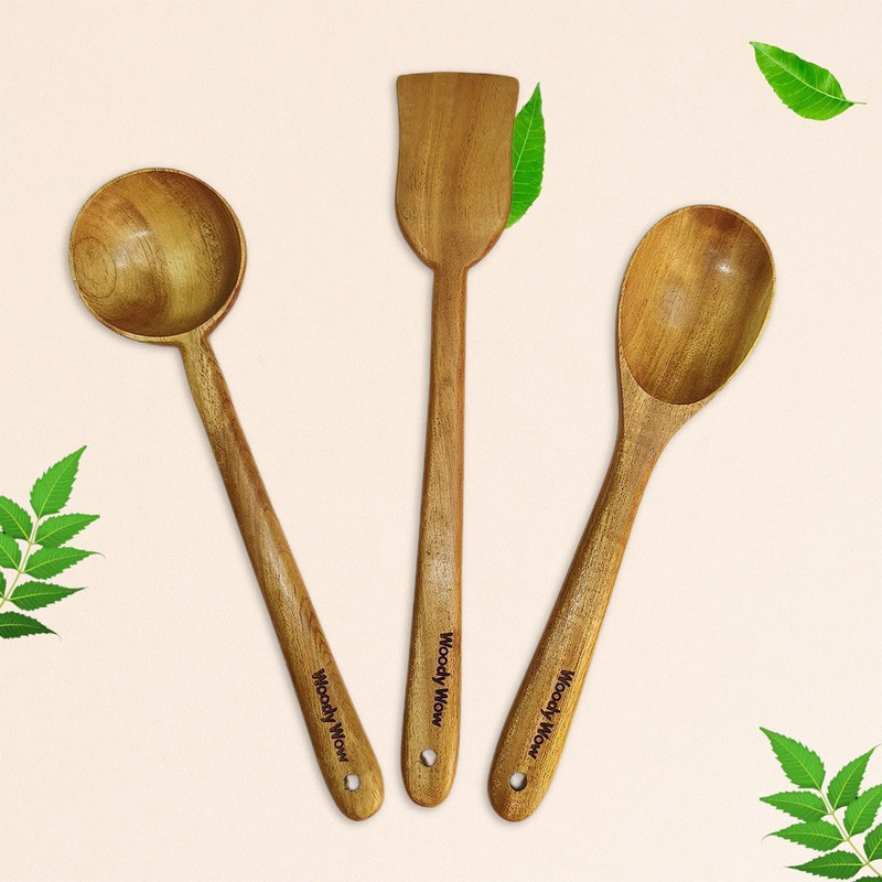WOODYWOW Neem Wood Kitchen Utensils , Eco-Safe, Long-Lasting for Healthy Cooking Wooden Spatula(Pack of 3)