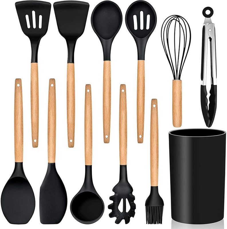ESLORA Kitchen Non-Stick Silicone Cooking Kitchen Utensils Set Non-Stick Spatula Wooden Spatula(Pack of 12)