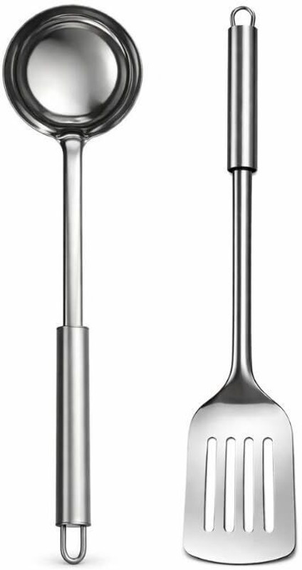 NOHUNT Steel Ladle & Slotted Turner Set-Kitchen Spoon for Cooking and Serving-35cm Slotted Spatula(Pack of 2)