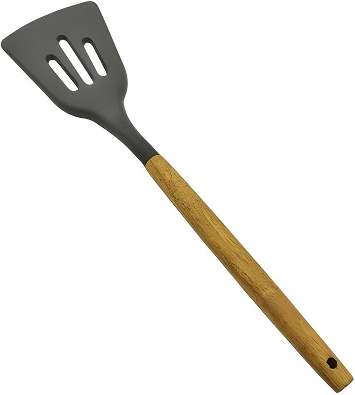 Lemon Tree Non-Stick Silicone Slotted Turner Spatula with Wooden Handle (Dark Grey) Non-Stick Spatula(Pack of 1)