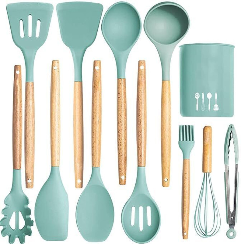 ESLORA Kitchen SpoonSet12Pcs green Wooden Spatula(Pack of 12)