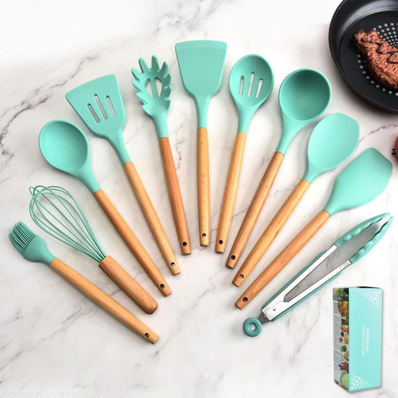PRIVATE CAVE Non Stick Safe Silicone Utensils Wooden Handle Cooking Set Wooden Spatula(Pack of 3)