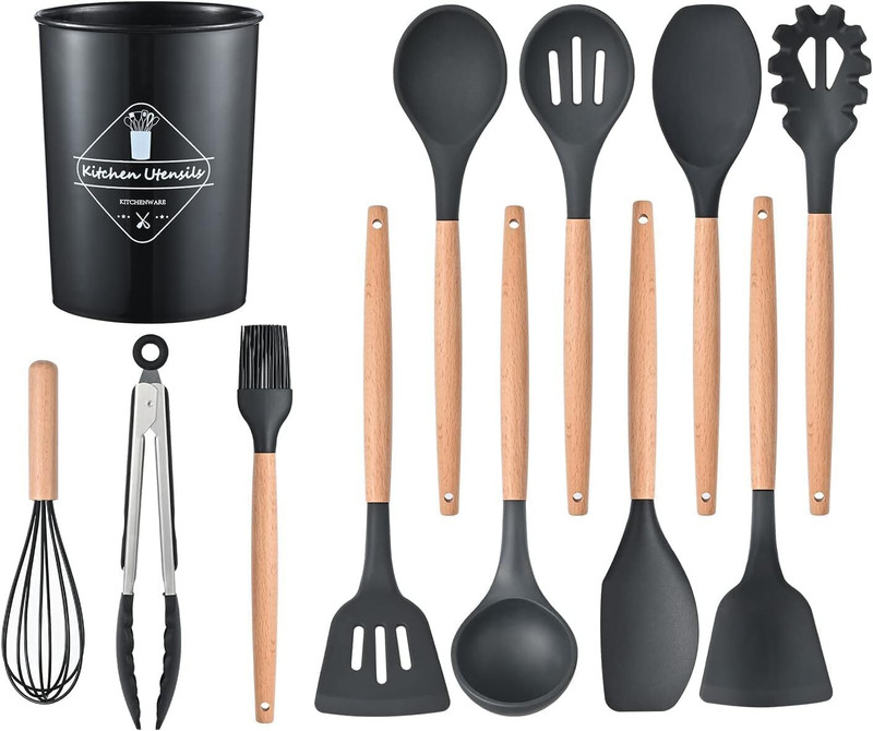 NowExp 12Pcs Silicone Kitchen Spatula Set with Wooden Handles Safe Non-Stick Cookware Slotted Spatula(Pack of 12)