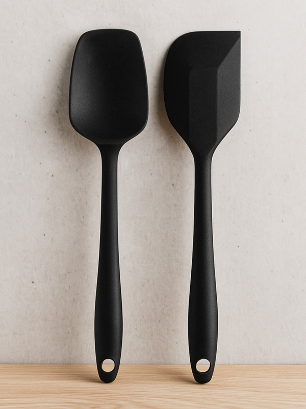 We3 Black Silicone Small Serving Spoon With Spatula Set Non-Stick Kitchen Utensils Mixing Spatula(Pack of 2)