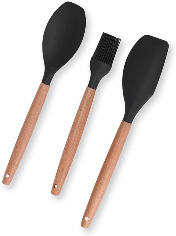 Besillia 3pcs Silicone Spatulas Large Spatula with Wooden Handle Nonstick Utensils(Black) Wooden Spatula(Pack of 3)
