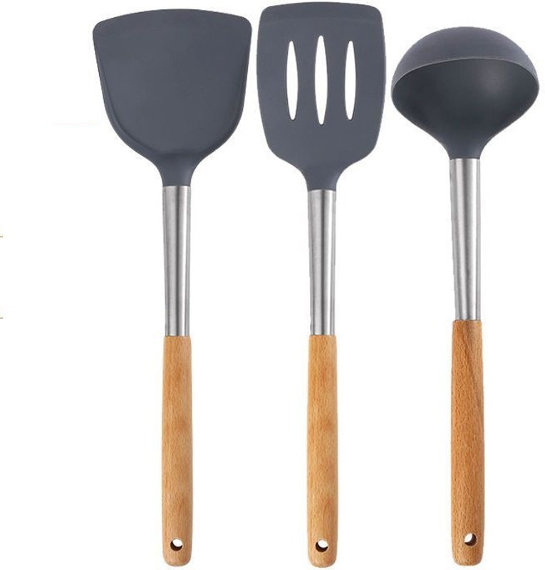 AshandRoh Silicone Spatula, Cooking Utensil Set Kitchen Gadget with Wooden Handle Cookware Non-Stick Spatula(Pack of 3)