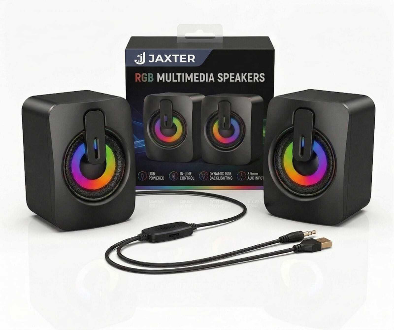 JAXTER RGB Multimedia computer PC Desktop Laptop Speakers Stereo Surround USB Powered 6 W Laptop/Desktop Speaker(Black, 2.1 Channel)