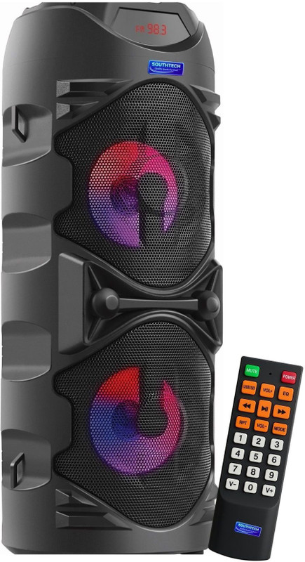 SOUTHTECH 40W Bluetooth Party Speaker | Dual Woofer | RGB Lights | FM Radio | USB | AUX 40 W Bluetooth Party Speaker(Black, Type-C with Auto Cut Charging ,12H Playtime ,USB/SD/AUX ,4800 mAh Battery, Stereo Channel)